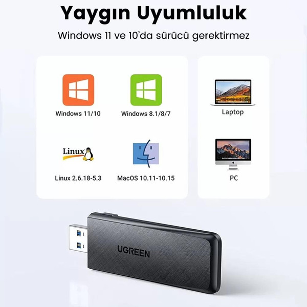Ugreen AC1300 USB 3.0 1300 Mbps 2.4/5 GHz Wi-Fi Kablosuz Alıcı Ağ Adaptörü