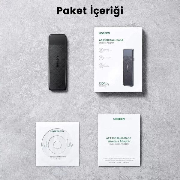Ugreen AC1300 USB 3.0 1300 Mbps 2.4/5 GHz Wi-Fi Kablosuz Alıcı Ağ Adaptörü