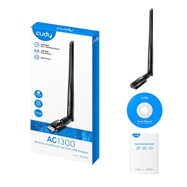 Cudy WU1400 AC1200 Serisi 5 GHz 867 MBPS 2.4 GHz 400 MBPS Wi-Fi USB 3.0 Antenli Adaptör