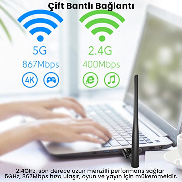 Cudy WU1400 AC1200 Serisi 5 GHz 867 MBPS 2.4 GHz 400 MBPS Wi-Fi USB 3.0 Antenli Adaptör