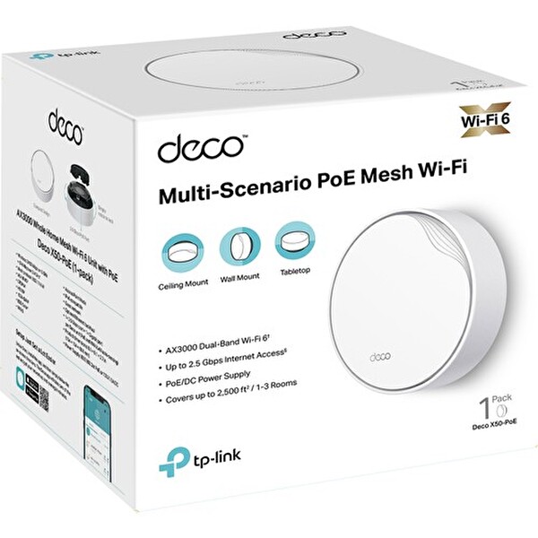 TP-Link Deco X50-PoE 1-Pack AX3000 Tüm Ev Mesh WiFi 6 Sistemi Dual-Band 2.5Gbps Ethernet Portu 150 Cihaza Kadar