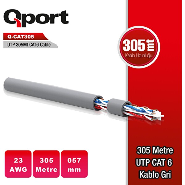 Qport Q-CAT6 305 M UTP 23AWG 0.57mm Gri Network Ağ Kablosu