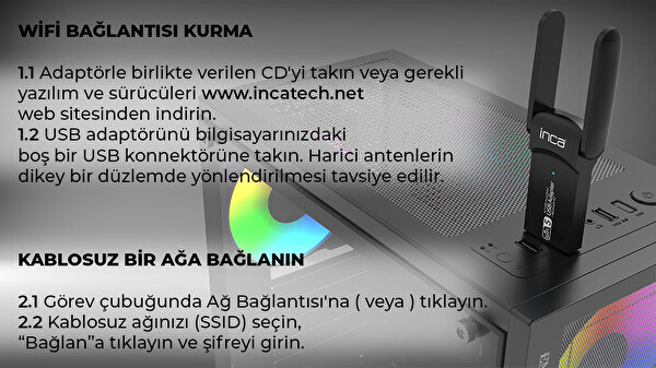 Inca IUWA-1300X 1300 Mbps Bluetooth 4.2 Dual-Bant Kablosuz-AC USB Adaptör
