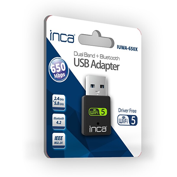 Inca IUWA-650X 650 Mbps Bluetooth 4.2 Dual-Bant Kablosuz-AC Nano USB Adaptör