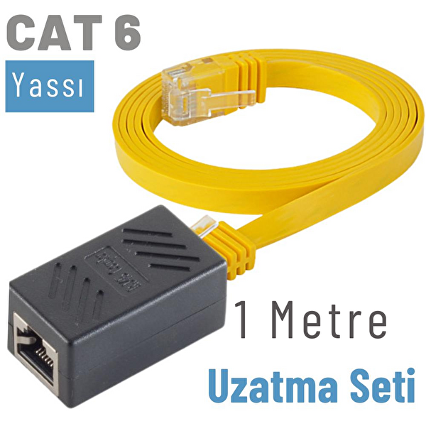Irenis 1 Metre CAT6 Kablo Uzatma Seti Yassı Ethernet Kablo ve Ekleyici Sarı