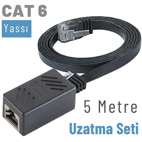 Irenis 5 Metre CAT6 Kablo Uzatma Seti Yassı Ethernet Kablo ve Ekleyici Siyah