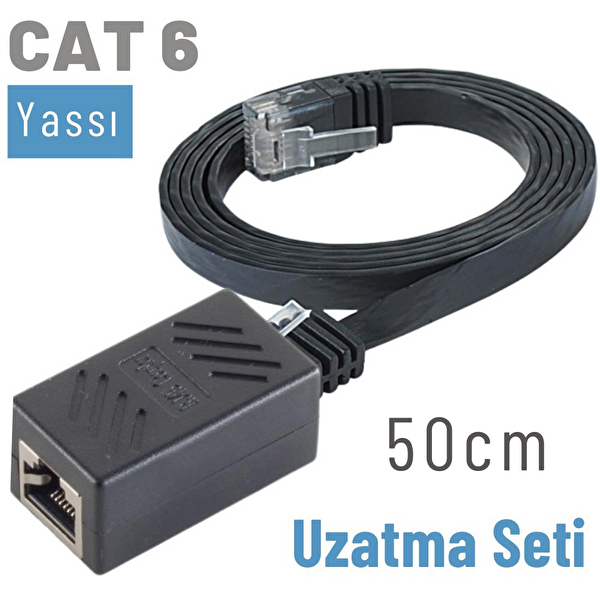 Irenis 50 Cm CAT6 Kablo Uzatma Seti Yassı Ethernet Kablo ve Ekleyici Siyah