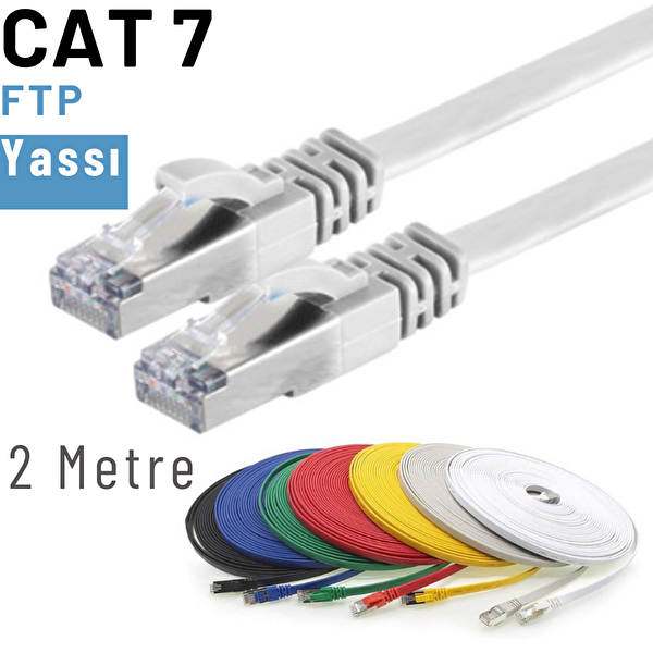 Irenis 2 Metre CAT7 Kablo Yassı FTP Ethernet Network LAN Ağ Kablosu Beyaz
