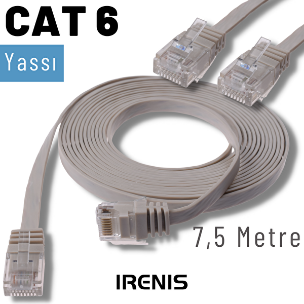 Irenis 7.5 Metre CAT6 Kablo Yassı Ethernet Network Lan Ağ İnternet Kablosu- Gri
