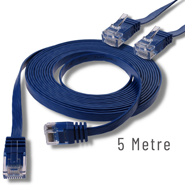 Irenis 5 Metre CAT6 Kablo Yassı Ethernet Network Lan Ağ İnternet Kablosu Mavi
