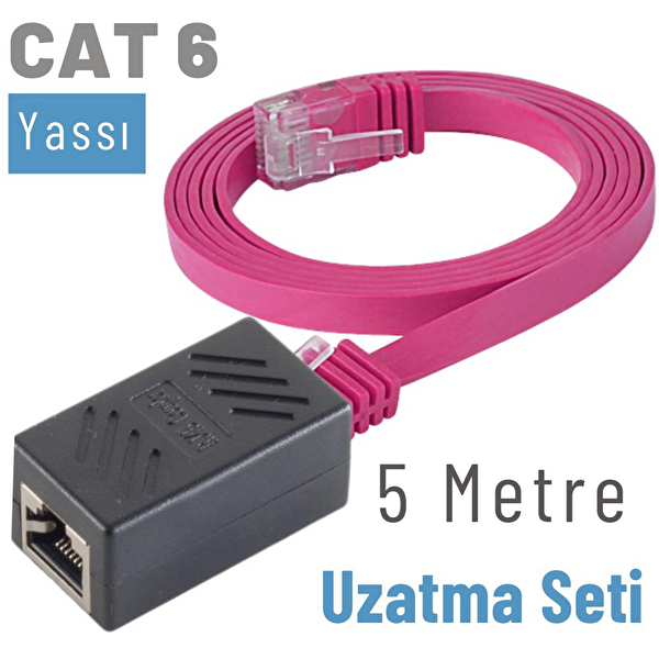 Irenis 5 Metre CAT6 Kablo Uzatma Seti-Yassı Ethernet Kablo ve Ekleyici Fuşya