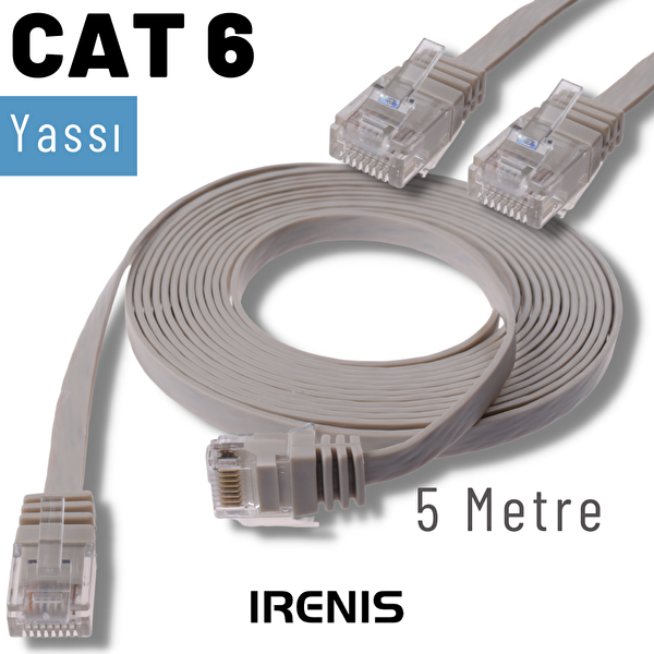 Irenis 5 Metre CAT6 Kablo Yassı Ethernet Network Lan Ağ İnternet Kablosu Gri