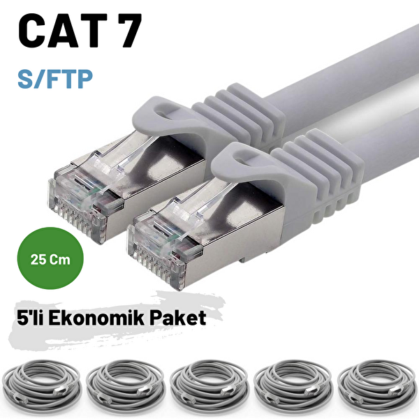 Irenis 25 CM CAT7 Kablo S/FTP LSZH Ethernet Network Lan Ağ Kablosu Gri 5 Adet