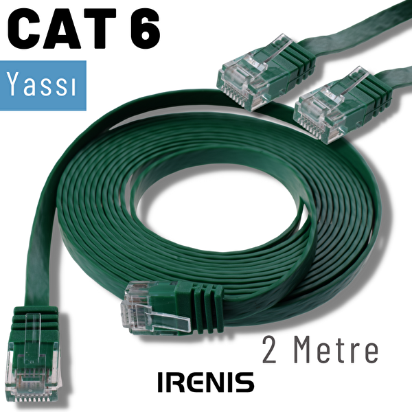 Irenis 2 Metre CAT6 Kablo Yassı Ethernet Network Lan Ağ İnternet Kablosu Yeşil