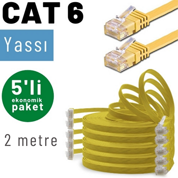 Irenis 2 Metre CAT6 Kablo Yassı Ethernet Network Lan Ağ İnternet Kablosu Sarı 5 Adet