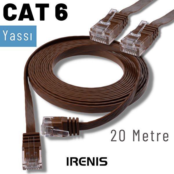 Irenis 20 Metre CAT6 Kablo Yassı Ethernet Network Lan Ağ İnternet Kablosu Kahverengi