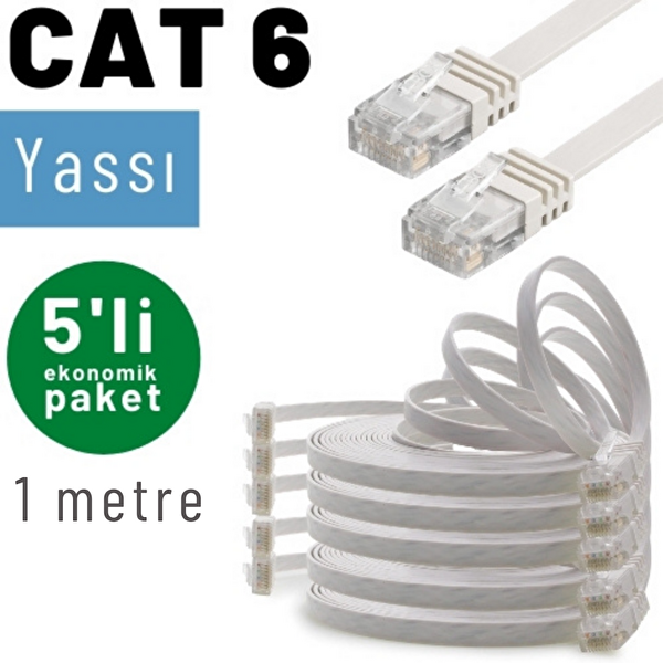 Irenis 5 Adet 1 Metre CAT6 Kablo Yassı Ethernet Network Lan Ağ İnternet Kablosu Beyaz