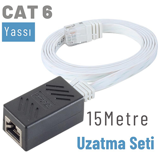 Irenis 15 Metre CAT6 Kablo Uzatma Seti Yassı Ethernet Kablo ve Ekleyici Beyaz
