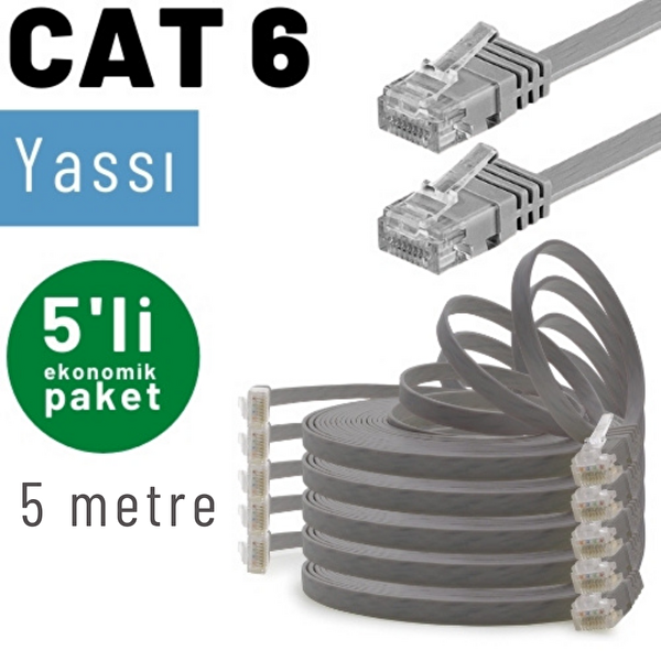 Irenis 5 Adet 5 Metre CAT6 Kablo Yassı Ethernet Network Lan Ağ İnternet Kablosu Gri