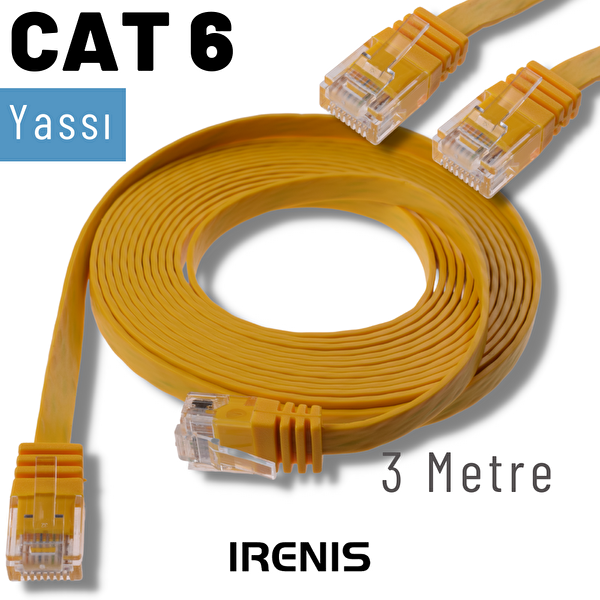 Irenis 3 Metre CAT6 Kablo Yassı Ethernet Network Lan Ağ İnternet Kablosu Sarı