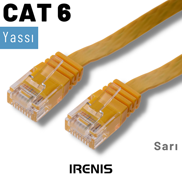 Irenis 3 Metre CAT6 Kablo Yassı Ethernet Network Lan Ağ İnternet Kablosu Sarı