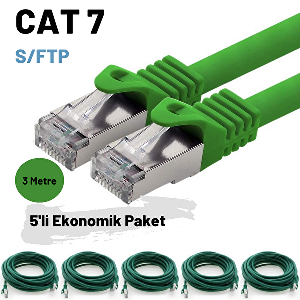 Irenis 5 Adet 3 Metre CAT7 Kablo S/FTP LSZH Ethernet Network Lan Ağ Kablosu Yeşil