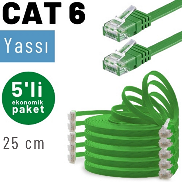 Irenis 5 Adet 25 Cm CAT6 Kablo Yassı Ethernet Network Lan Ağ İnternet Kablosu Yeşil