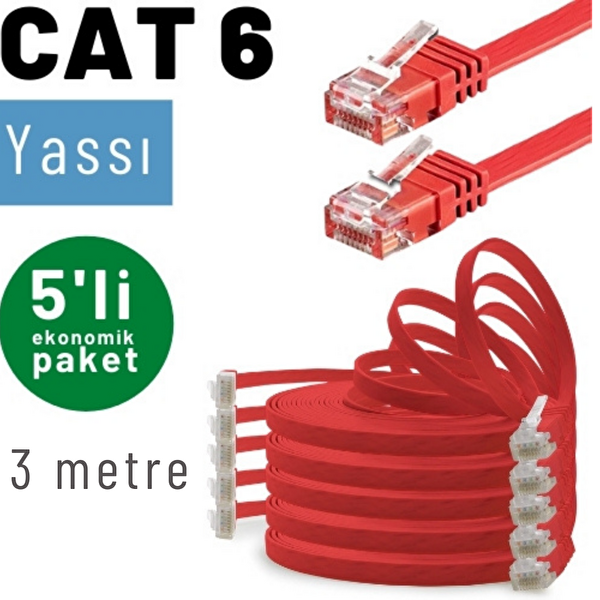Irenis 3 Metre CAT6 Kablo Yassı Ethernet Network Lan Ağ İnternet Kablosu Kırmızı 5 Adet