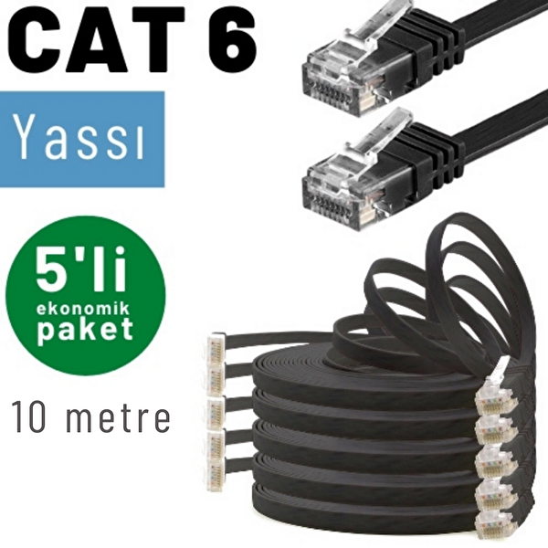Irenis 10 Metre CAT6 Kablo Yassı Ethernet Network Lan Ağ İnternet Kablosu Siyah 5 Adet
