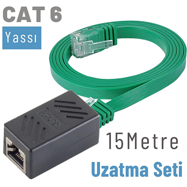 Irenis 15 Metre CAT6 Kablo Uzatma Seti Yassı Ethernet Kablo ve Ekleyici Yeşil