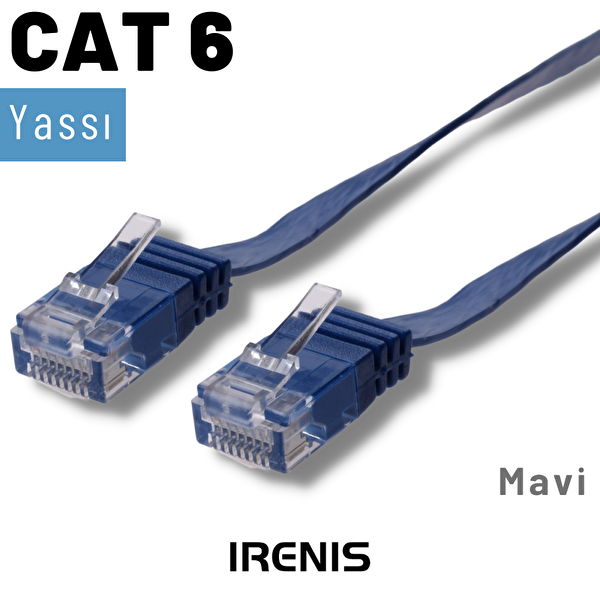 Irenis 3 Metre CAT6 Kablo Yassı Ethernet Network Lan Ağ İnternet Kablosu Mavi
