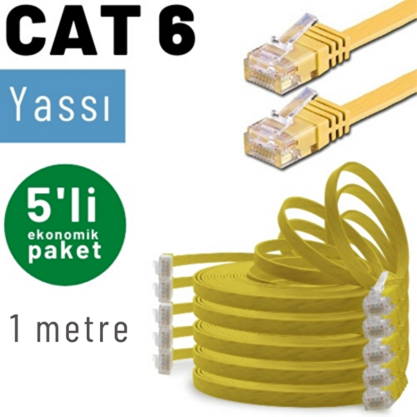 Irenis 5 Adet 1 Metre CAT6 Kablo Yassı Ethernet Network LAN Ağ İnternet Kablosu Sarı