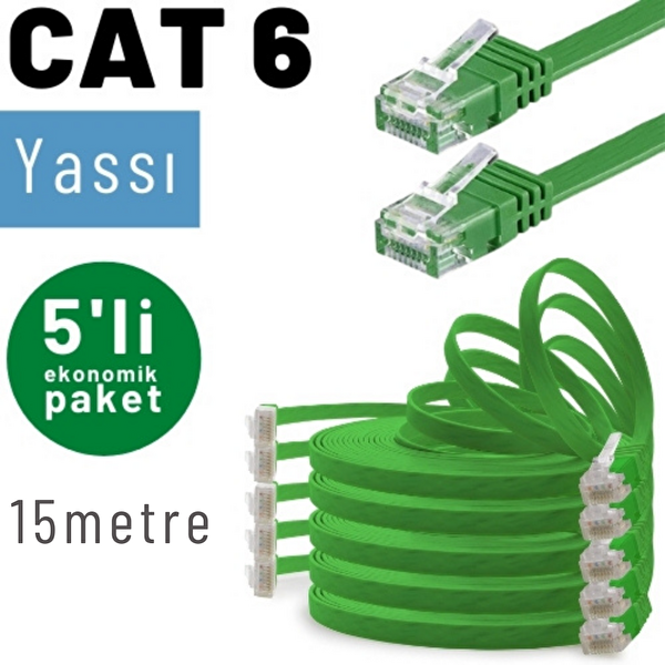 Irenis 5 Adet 15 Metre CAT6 Kablo Yassı Ethernet Network LAN Ağ İnternet Kablosu Yeşil