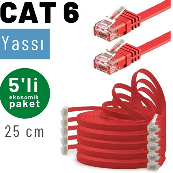 Irenis 5 Adet 25 CM CAT6 Kablo Yassı Ethernet Network LAN Ağ İnternet Kablosu Kırmızı