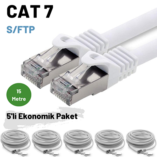 Irenis 5 Adet 15 Metre CAT7 Kablo S/FTP LSZH Ethernet Network LAN Ağ Kablosu Beyaz
