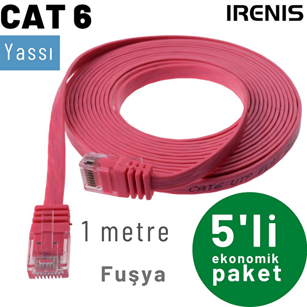 Irenis 5 Adet 1 Metre CAT6 Kablo Yassı Ethernet Network LAN Ağ İnternet Kablosu Fuşya