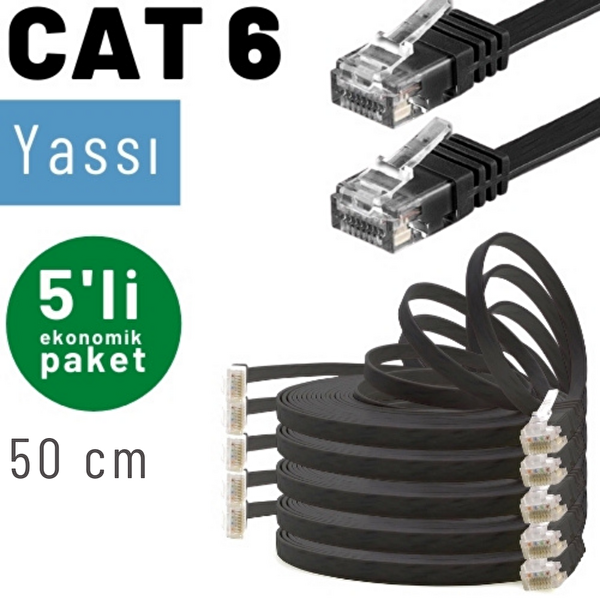 Irenis 5 Adet 50 CM CAT6 Kablo Yassı Ethernet Network LAN Ağ İnternet Kablosu Siyah