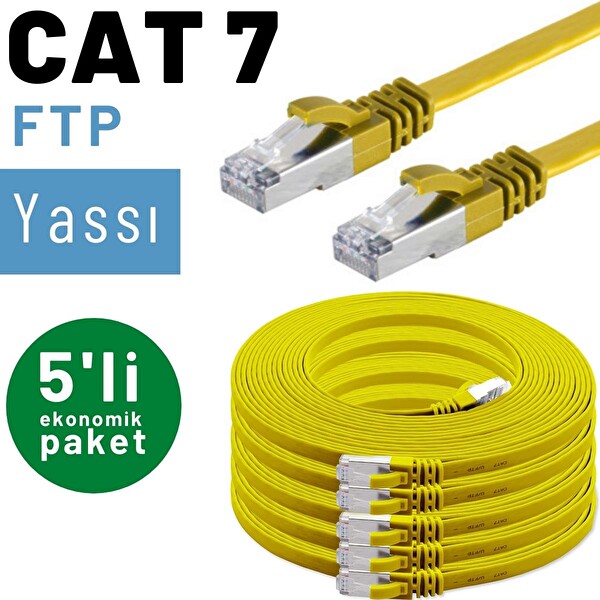 Irenis 5 Adet 3 Metre Sarı CAT7 Kablo Yassı FTP Ethernet Network LAN Kablosu