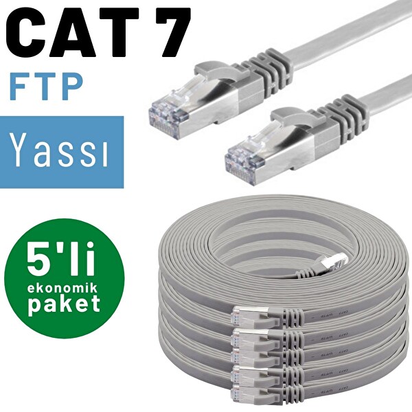 Irenis 5 Adet 25 CM Gri CAT7 Kablo Yassı FTP Ethernet Network LAN Kablosu