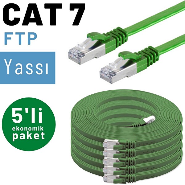 Irenis 5 Adet 1 Metre Yeşil CAT7 Kablo Yassı FTP Ethernet Network LAN Kablosu