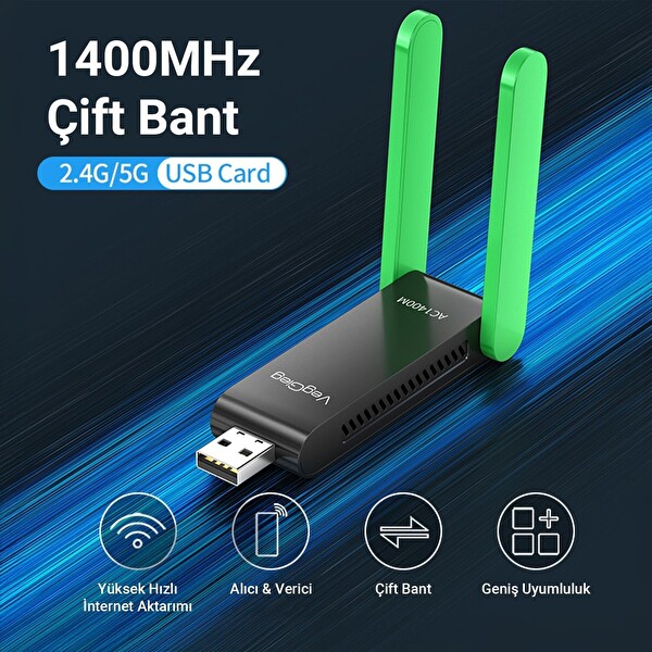 VegGieg 1400 Mbps 2.4GHz/5GHz Dual Band Gigabit Alıcı Verici USB WiFi Adaptör K1400