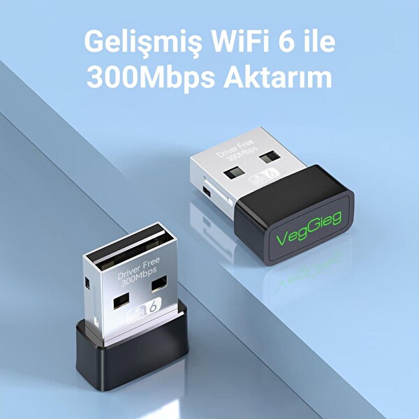 VegGieg 300 Mbps Wifi 6 Çift Bant Kablosuz Alıcı Verici Nano USB Adaptör K300M