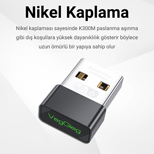 VegGieg 300 Mbps Wifi 6 Çift Bant Kablosuz Alıcı Verici Nano USB Adaptör K300M