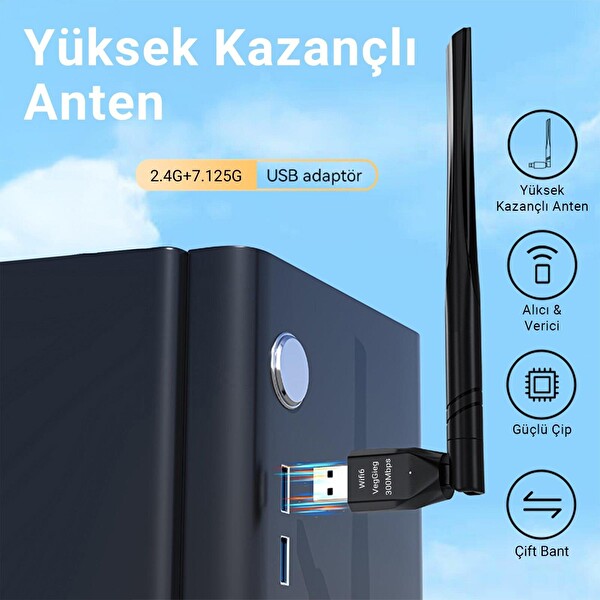 VegGieg 300 Mbps 2.4Ghz/6Ghz Dual Band Alıcı Verici USB WiFi 6 Adaptör AX300