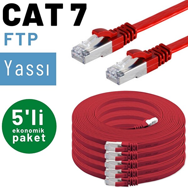 Irenis 5 Adet 1 Metre Kırmızı CAT7 Kablo Yassı FTP Ethernet Network LAN Kablosu