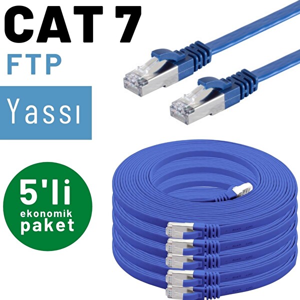 Irenis 5 Adet 5 Metre Mavi CAT7 Kablo Yassı FTP Ethernet Network LAN Kablosu