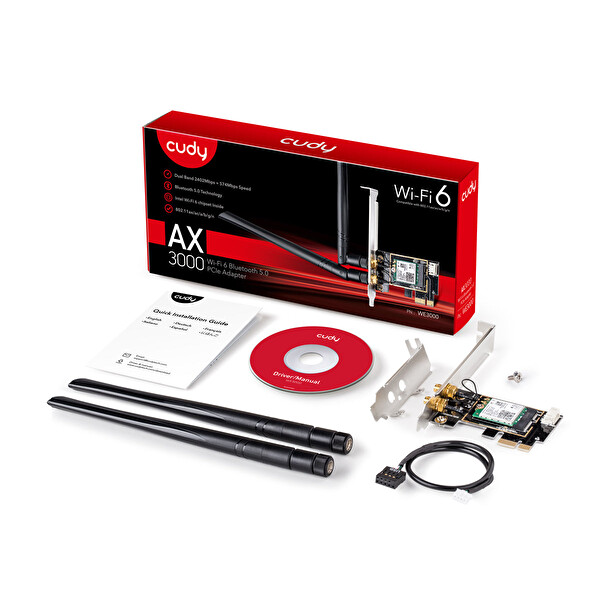 Cudy ADP WE3000 AX3000Mbps 2.4GHz/5GHz 2x5DBI Anten BT5.2 MU-MIMO Kablosuz Wi-Fi 6 PCIe Adaptör