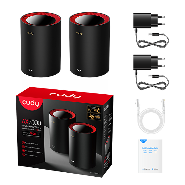 Cudy M3000 2-Pack AX3000 Mbps 2.4 GHz/5 GHz AP/RE/Wisp 2.5 Ge Mu-Mimo Kablosuz 2'li Mesh Wi-Fi 6 Router