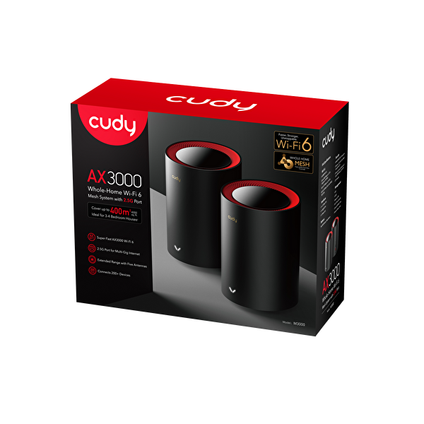 Cudy M3000 2-Pack AX3000 Mbps 2.4 GHz/5 GHz AP/RE/Wisp 2.5 Ge Mu-Mimo Kablosuz 2'li Mesh Wi-Fi 6 Router
