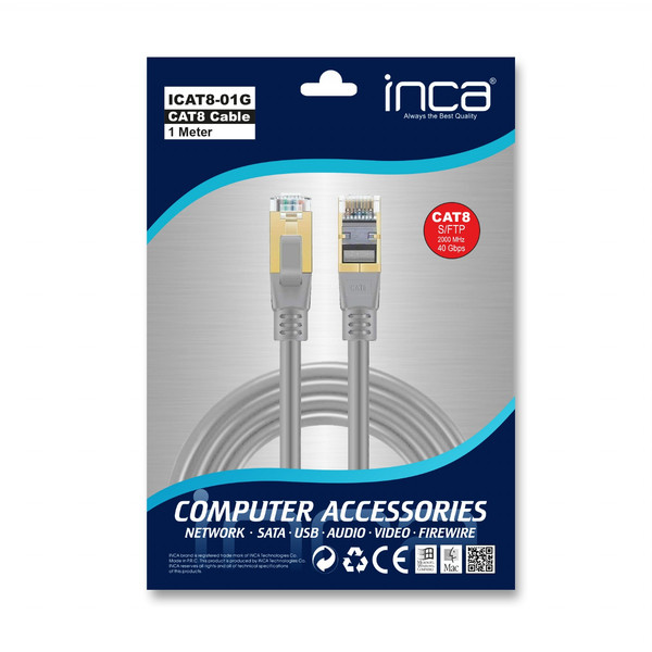 Inca ICAT8-02G Cat8 S/FTP 40 Gbps 2000 MHz High Speed %100 Copper Network Kablo 2 M Gri